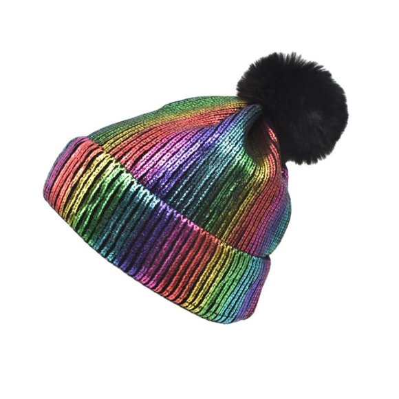 Metallic Rainbow Multicolor Beanie Hat Fur Ball - Picture 2 of 4